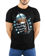 Iced Coffee Skull T-Shirt Cool Gothic Barista - model wearing black shirt, hands behind back