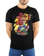 Retro Gamer T-Shirt Fun Orange Cartoon Mascot - model wearing black shirt, hands behind back