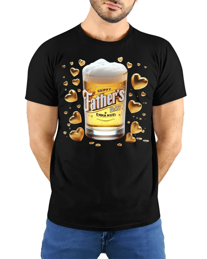 Happy Father’s Day T-Shirt Beer Glass Gold Hearts - model wearing black shirt, hands behind back