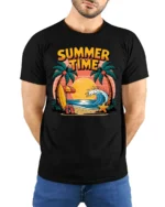 Summer Time Beach T-Shirt Tropical Surf Vibe - model wearing black shirt, hands behind back