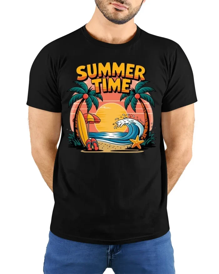 Summer Time Beach T-Shirt Tropical Surf Vibe - model wearing black shirt, hands behind back