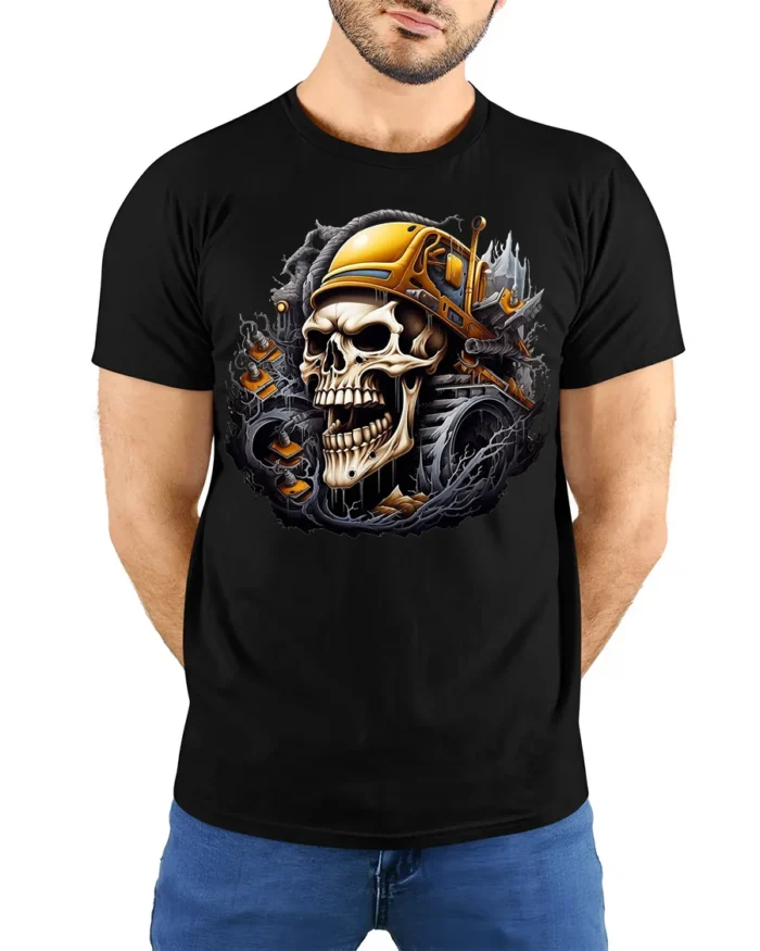 Skull Bulldozer T-Shirt Heavy Metal Construction - model wearing black shirt, hands behind back