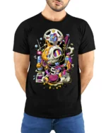 Trippy Cat Skull T-Shirt Psychedelic Gamer Streetwear - model wearing black shirt, hands behind back