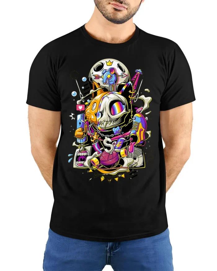 Trippy Cat Skull T-Shirt Psychedelic Gamer Streetwear - model wearing black shirt, hands behind back