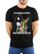 Father Son Best Friends Puzzle Autism Support T-Shirt - model wearing black shirt, hands behind back