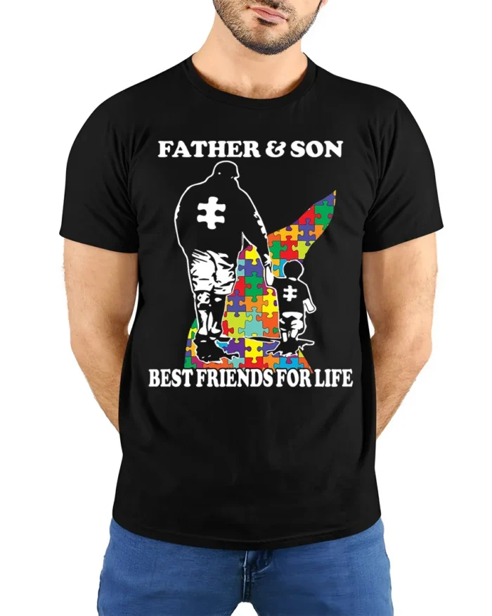 Father Son Best Friends Puzzle Autism Support T-Shirt - model wearing black shirt, hands behind back