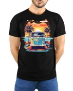 Retro Van Sunset Beach Vibes Summer Vacation T-Shirt - model wearing black shirt, hands behind back