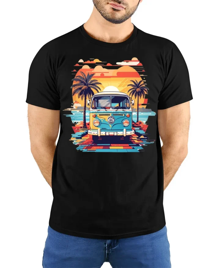 Retro Van Sunset Beach Vibes Summer Vacation T-Shirt - model wearing black shirt, hands behind back