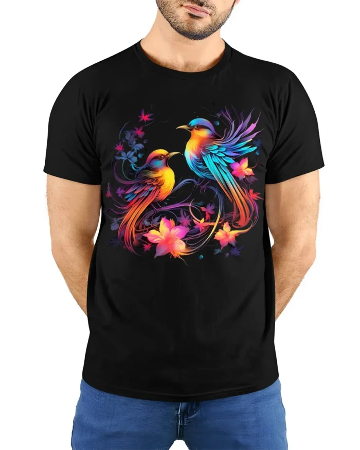 Colorful Birds and Flowers Art T-Shirt for Nature Lovers - model wearing black shirt, hands behind back