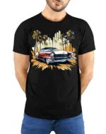 Classic Vintage Car T-Shirt with Palm Trees Retro Design - model wearing black shirt, hands behind back