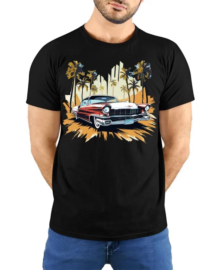 Classic Vintage Car T-Shirt with Palm Trees Retro Design - model wearing black shirt, hands behind back