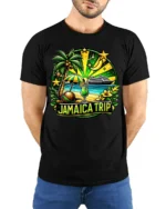 Jamaica Trip Souvenir T-Shirt Tropical Cruise Beach - model wearing black shirt, hands behind back