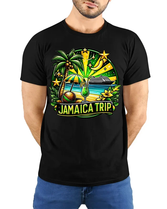 Jamaica Trip Souvenir T-Shirt Tropical Cruise Beach - model wearing black shirt, hands behind back