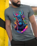 Viking Warrior T-Shirt Neon Norse Art on Soft Cotton - model in grey shirt leaning against column