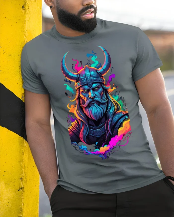 Viking Warrior T-Shirt Neon Norse Art on Soft Cotton - model in grey shirt leaning against column
