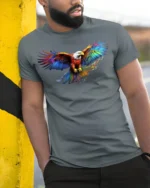 American Eagle Rainbow Wings T-Shirt Freedom - model in grey shirt leaning against column