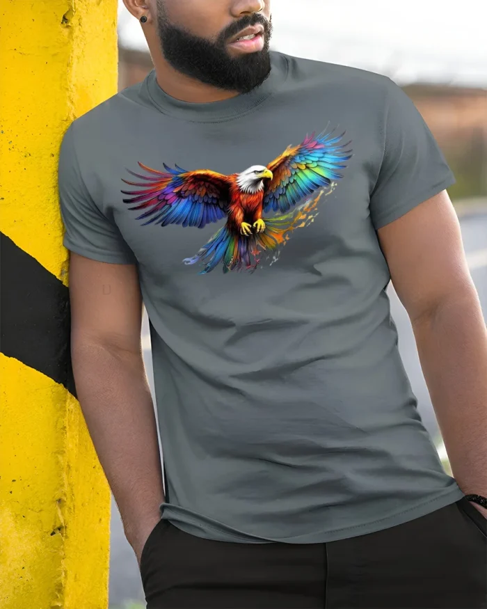 American Eagle Rainbow Wings T-Shirt Freedom - model in grey shirt leaning against column