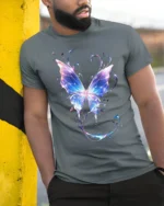 Vibrant Galaxy Butterfly T-Shirt Soft Cotton - model in grey shirt leaning against column