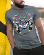 Crazy Bunny Graffiti T-Shirt Street Art Cotton - model in grey shirt leaning against column