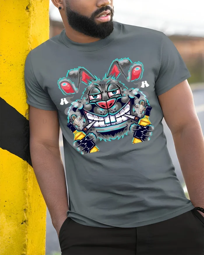 Crazy Bunny Graffiti T-Shirt Street Art Cotton - model in grey shirt leaning against column
