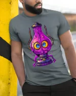 Trippy Purple Lamp T-Shirt Psychedelic Cartoon - model in grey shirt leaning against column