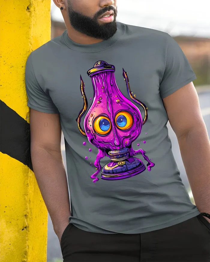 Trippy Purple Lamp T-Shirt Psychedelic Cartoon - model in grey shirt leaning against column