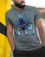 Dark Spirit Reaper T-Shirt Blue Flame Skeleton - model in grey shirt leaning against column