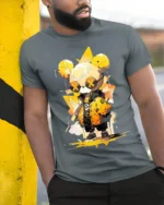 Urban Yellow Bear T-Shirt Cool Streetwear Cartoon - model in grey shirt leaning against column