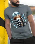 Iced Coffee Skull T-Shirt Cool Gothic Barista - model in grey shirt leaning against column