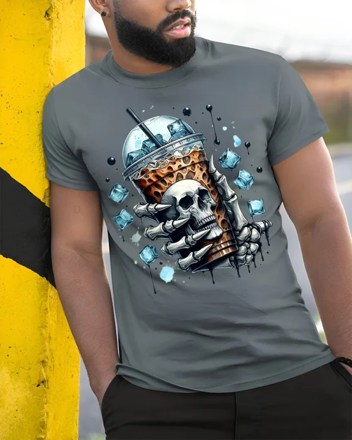 Iced Coffee Skull T-Shirt Cool Gothic Barista - model in grey shirt leaning against column