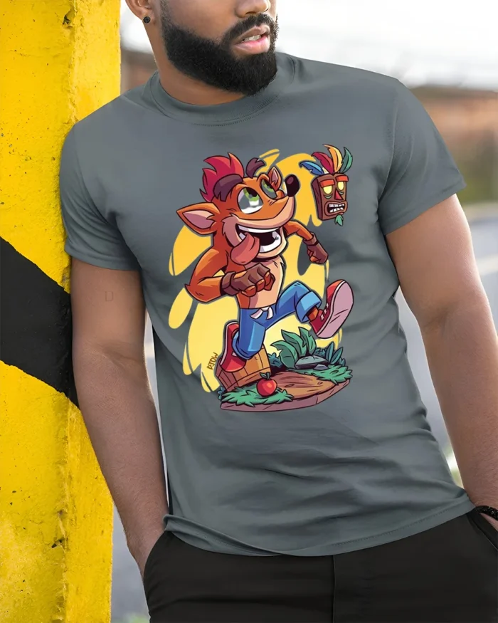 Retro Gamer T-Shirt Fun Orange Cartoon Mascot - model in grey shirt leaning against column