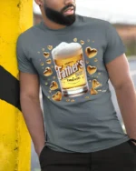 Happy Father’s Day T-Shirt Beer Glass Gold Hearts - model in grey shirt leaning against column
