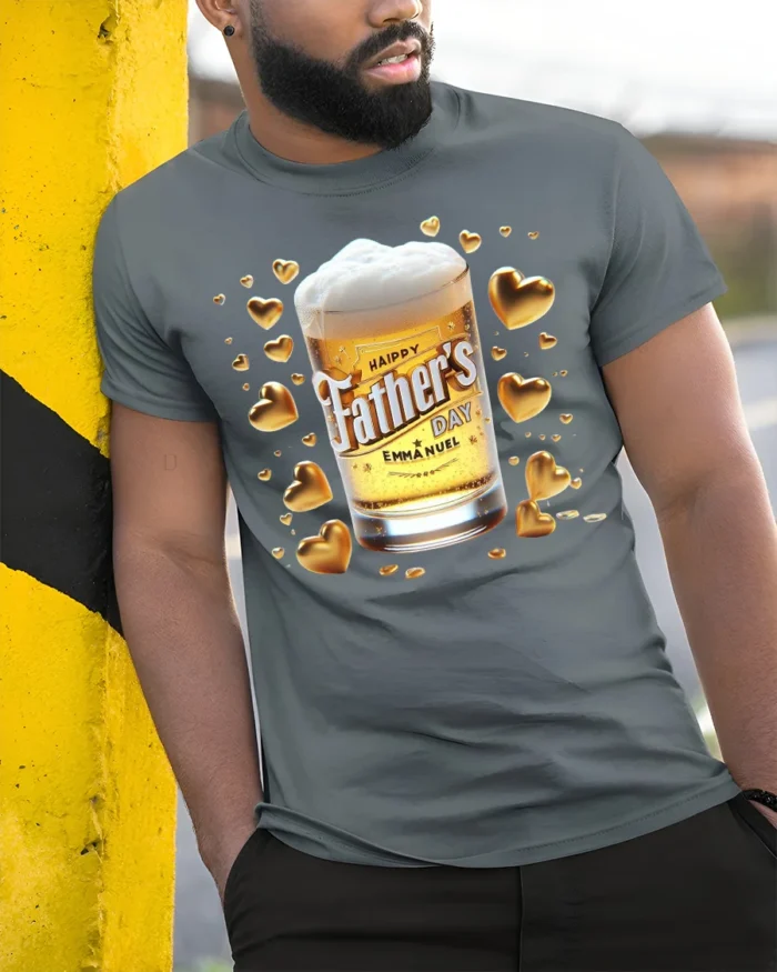 Happy Father’s Day T-Shirt Beer Glass Gold Hearts - model in grey shirt leaning against column