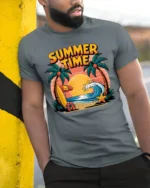 Summer Time Beach T-Shirt Tropical Surf Vibe - model in grey shirt leaning against column