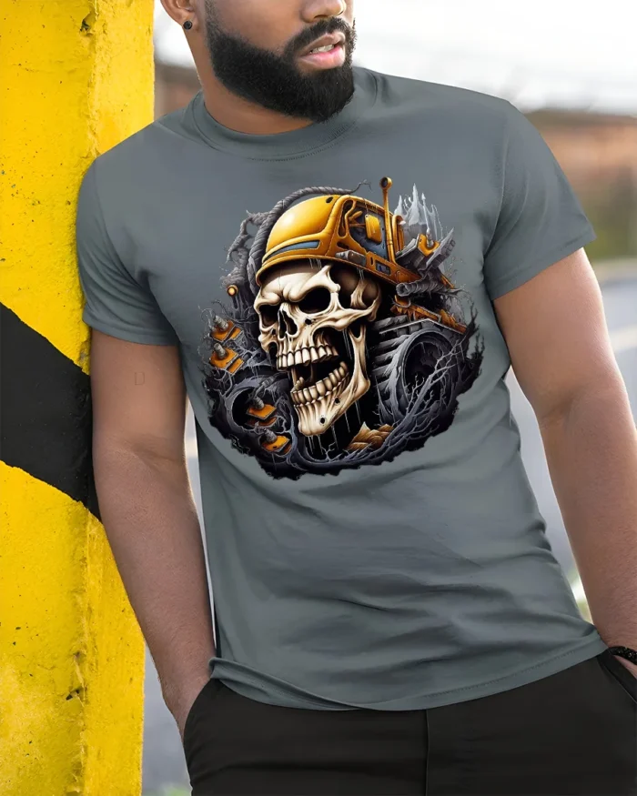 Skull Bulldozer T-Shirt Heavy Metal Construction - model in grey shirt leaning against column