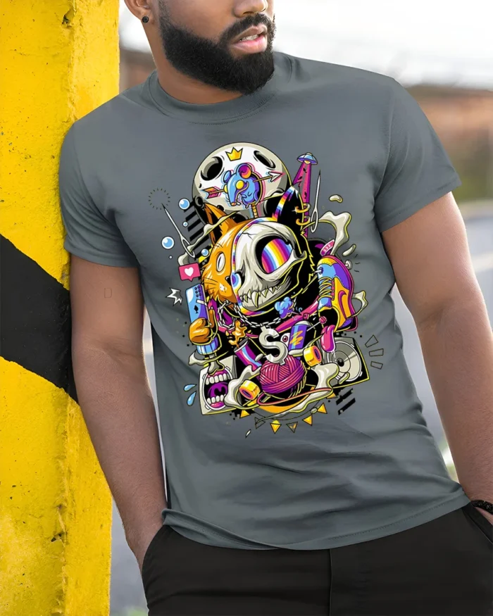 Trippy Cat Skull T-Shirt Psychedelic Gamer Streetwear - model in grey shirt leaning against column
