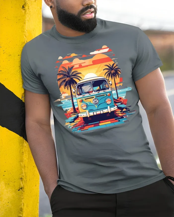 Retro Van Sunset Beach Vibes Summer Vacation T-Shirt - model in grey shirt leaning against column
