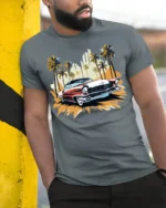 Classic Vintage Car T-Shirt with Palm Trees Retro Design - model in grey shirt leaning against column