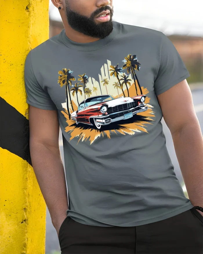 Classic Vintage Car T-Shirt with Palm Trees Retro Design - model in grey shirt leaning against column