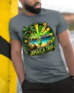 Jamaica Trip Souvenir T-Shirt Tropical Cruise Beach - model in grey shirt leaning against column