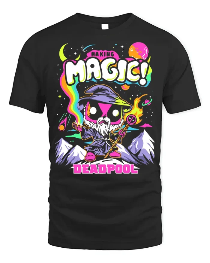 Making Magic Deadpool T-Shirt Funny Wizard Comic - black t-shirt on white background