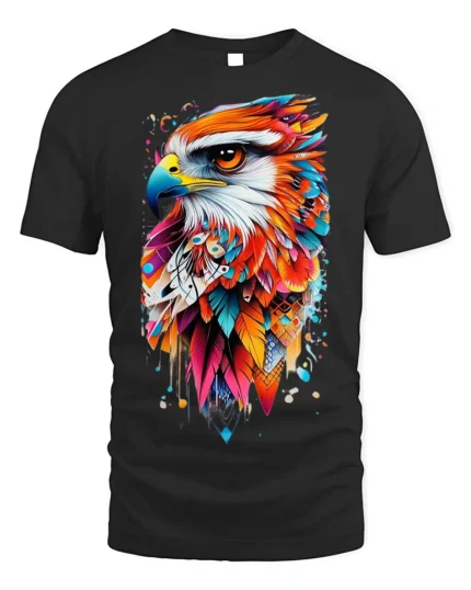 Colorful Eagle Art T-Shirt Bold Feather Graphic - black t-shirt on white background