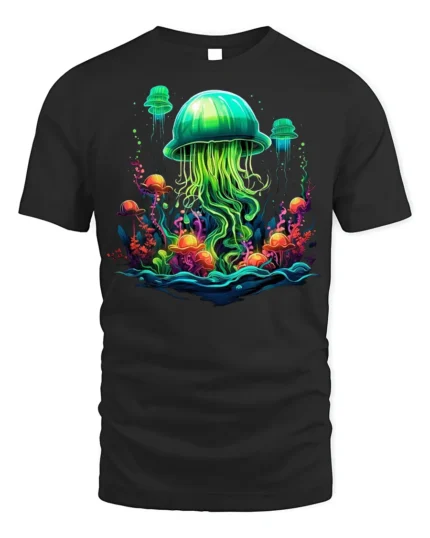 Glow in the Deep Jellyfish T-Shirt Vibrant Ocean - black t-shirt on white background