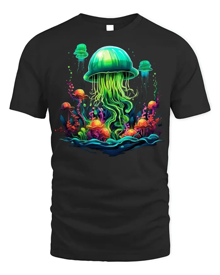 Glow in the Deep Jellyfish T-Shirt Vibrant Ocean - black t-shirt on white background