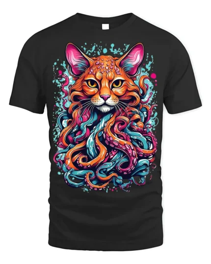 Psychedelic Cat Kraken T-Shirt Bold Octopus Tentacles - black t-shirt on white background