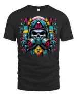 Toxic Skull Gas Mask T-Shirt Biohazard Warning Graphic - black t-shirt on white background
