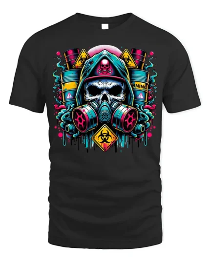 Toxic Skull Gas Mask T-Shirt Biohazard Warning Graphic - black t-shirt on white background