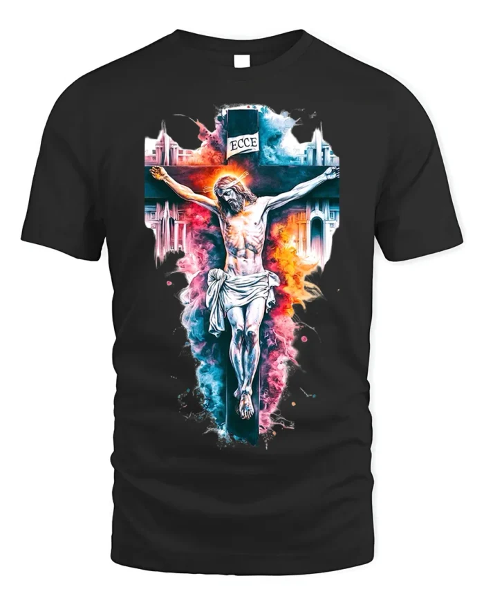 Jesus Crucifixion T-Shirt Christian Faith Graphic - black t-shirt on white background