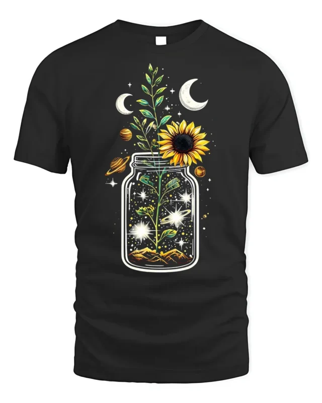 Cosmic Sunflower in Jar T-Shirt Nature Universe - black t-shirt on white background