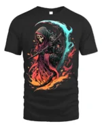 Fiery Grim Reaper T-Shirt Skull Scythe Flame Art - black t-shirt on white background